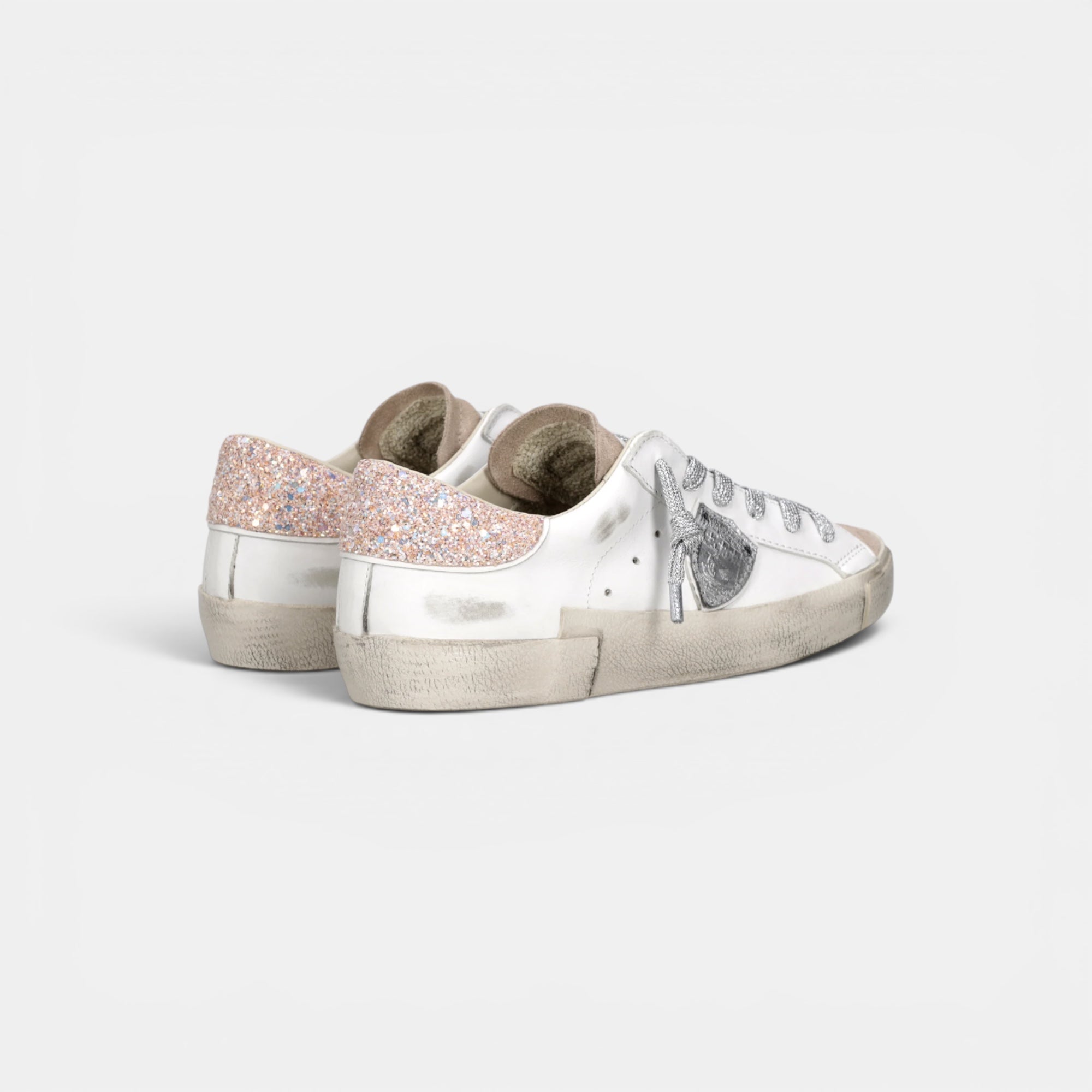 Baskets Prsx avec contrefort pailleté, Blanc Rose et Argent