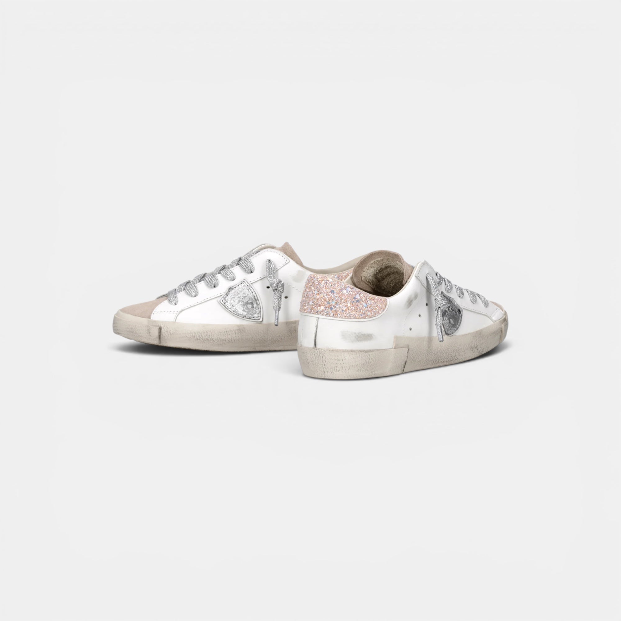 Baskets Prsx avec contrefort pailleté, Blanc Rose et Argent