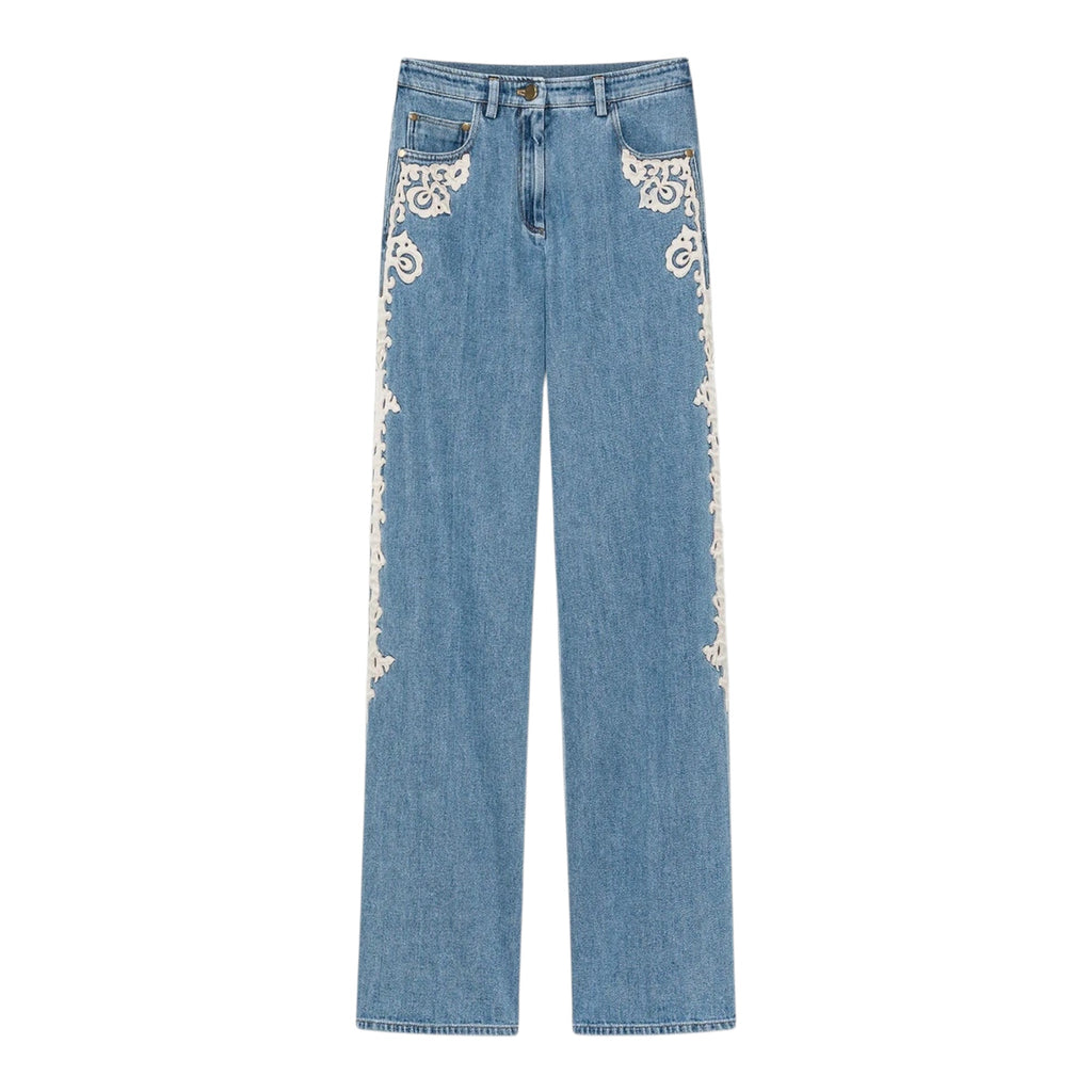 5 poches taille haute brodé en denim cavalry celeste