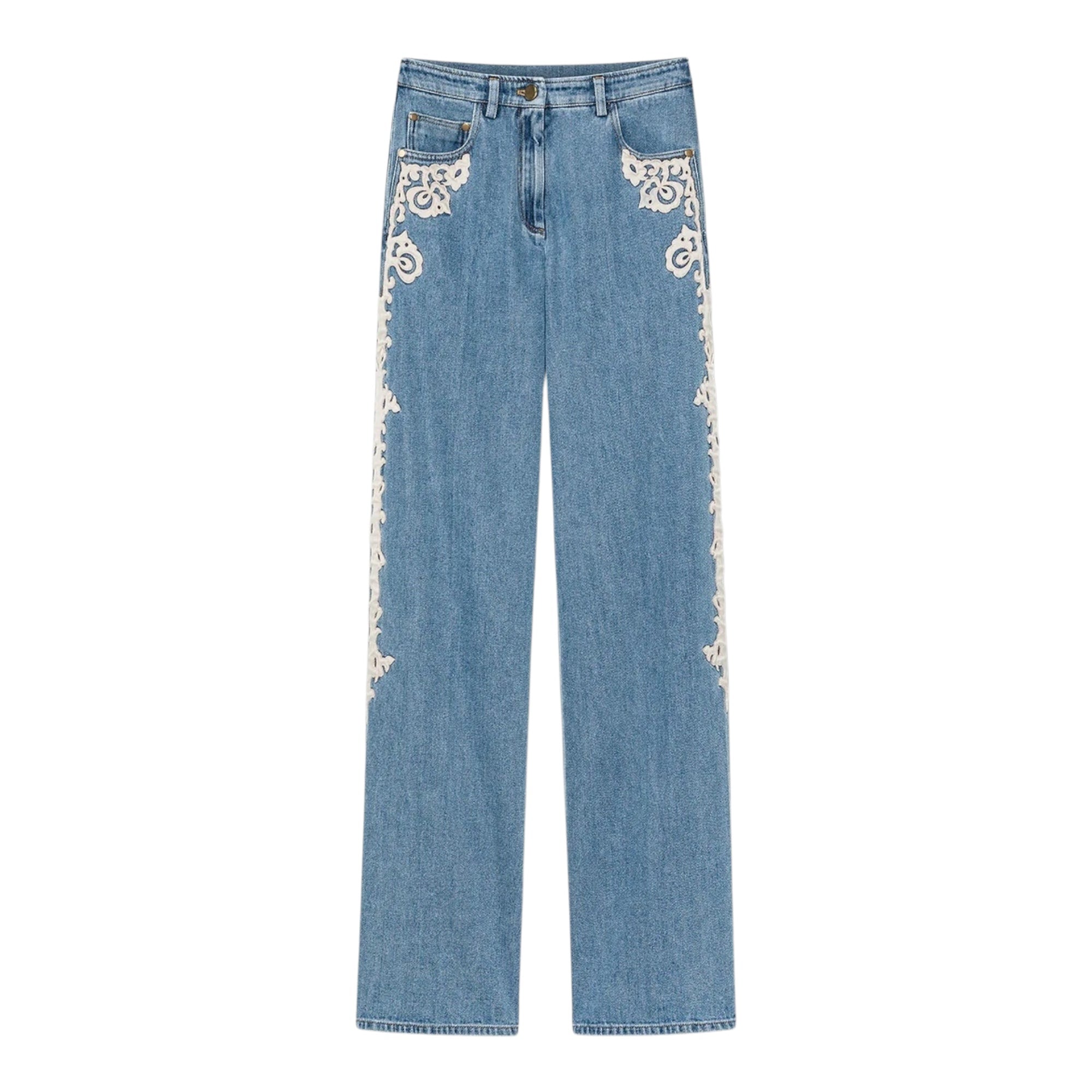 5 poches taille haute brodé en denim cavalry celeste