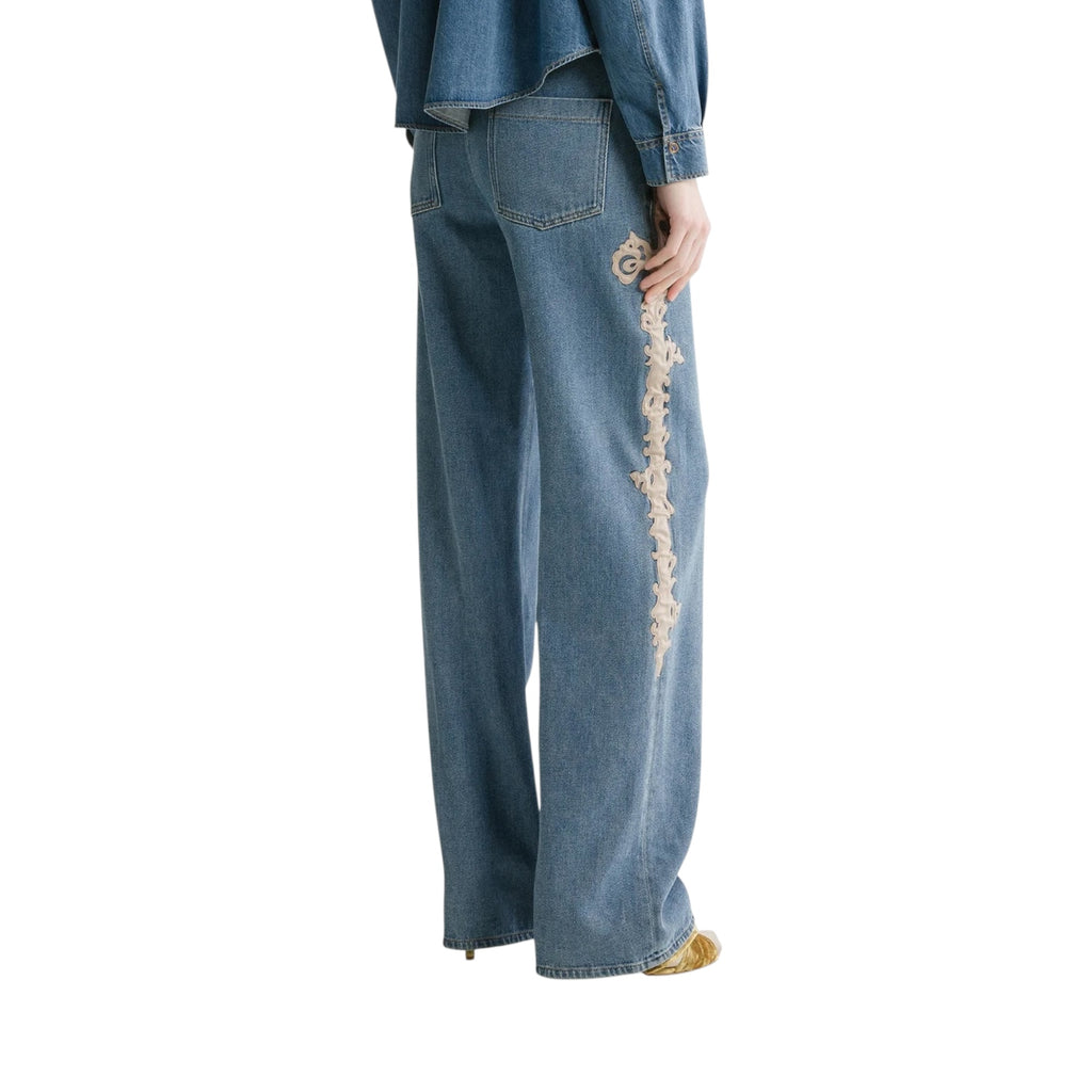 5 poches taille haute brodé en denim cavalry celeste