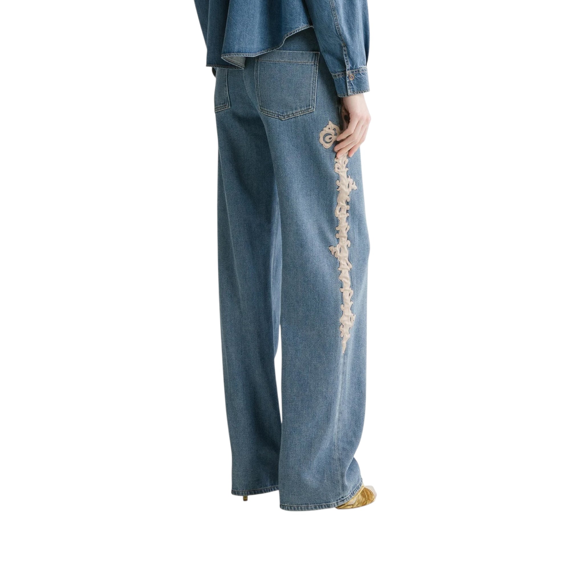 5 poches taille haute brodé en denim cavalry celeste